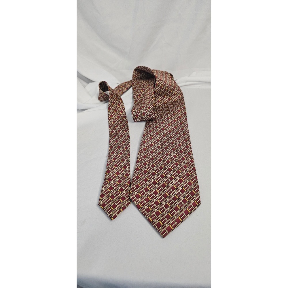 Piattelli Rome New York Mens Burgundy Gold Geometric Silk Tie Hand Made Spain